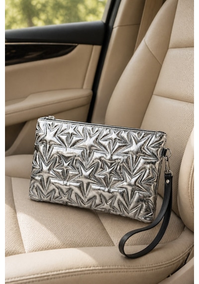 Adelina Bags Yıldız Nakış İşlemeli Portföy El Çantası Bilek Askılı Saten Astarlı Gümüş Clutch Çanta Gri