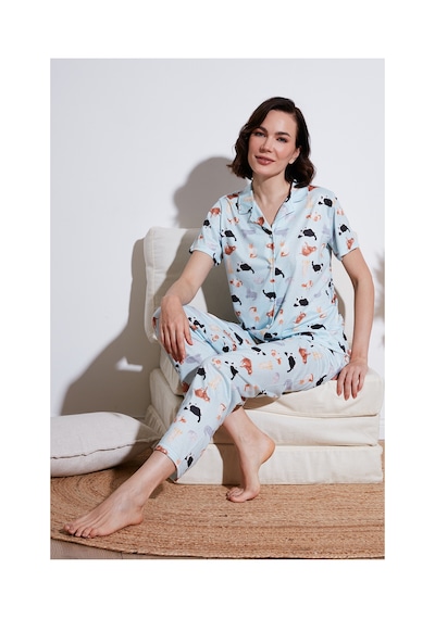 Lela Desenli Kısa Kollu Beli Lastikli Gömlek Yaka Dokuma Regular Fit Bayan Pijama Takımı 6571010 Mint