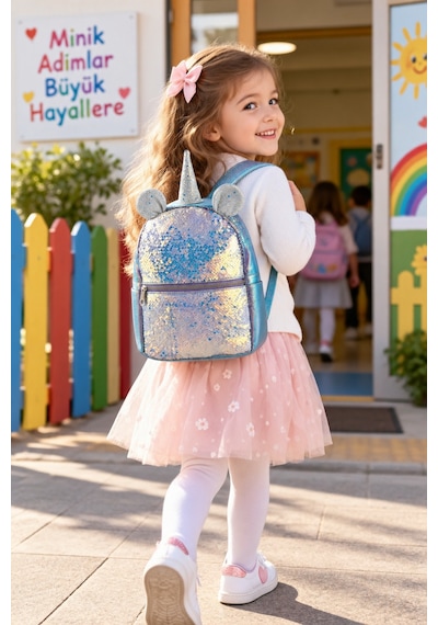 Anaokulu Sırt Çantası Pullu Unicorn 28x22x10 Cm Çocuk Oyun Okulu Çantası Çok Renkli
