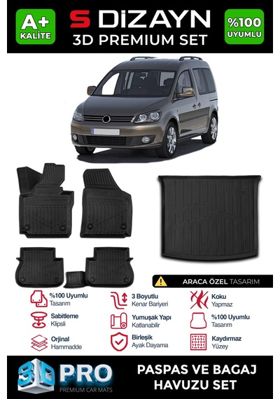 S-dizayn Vw Caddy 3d Pro Havuzlu Paspas Ve Bagaj Havuzu Seti 2'li Set 2010-2015 A+ Kalite