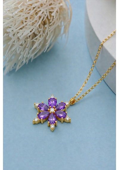Çekirdekjewelry 925 Ayar Gümüş Altın Kaplama Mortaşli Kamelya Çiçeği Kolye Sarı Mor