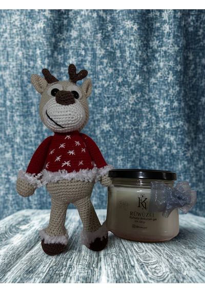 Rüwüzel Amigurumi Geyik & Gül Kokulu Mum Yılbaşı Hediye Seti Beyaz - Kırmızı