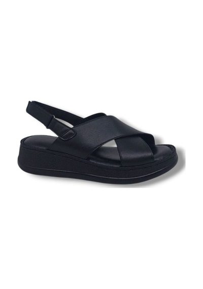 Zerhan Clavi 2001 Kadın Siyah Hakiki Deri Çapraz Bant Dolgu Taban Sandalet Ayakkabı Siyah