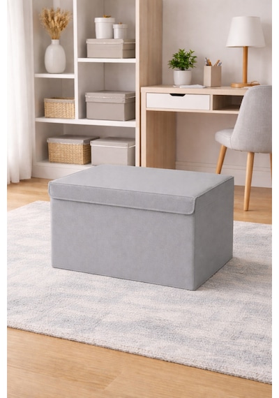 Serstil Orta Boy Kapaklı Kutu Hurç Kıyafet Battaniye Saklama Kutusu Organizer 50x40x30 Cm - Gri