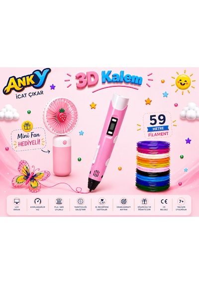 Anky Pembe 3d Kalem 50+9 M Flament + Fan Hediyeli