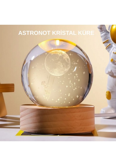 Cosmotex Ahşap Tabanlı 3d Astronot Küre Lamba Çocuk Odası Ve Masa Üstü Dekor Kristal