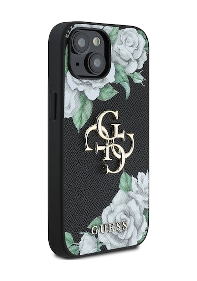 Apple Uyumlu iPhone 15 Kılıf Guess Lisanslı Gül Baskılı Büyük Metal Logo Dizaynlı Kapak Siyah