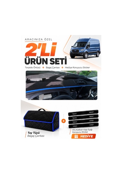 Ford Transit Tip 2 2020-2025 Uyumlu Torpido Örtüsü + Tay Tüyü Bagaj Çantası + Sticker - Siyah Mavi