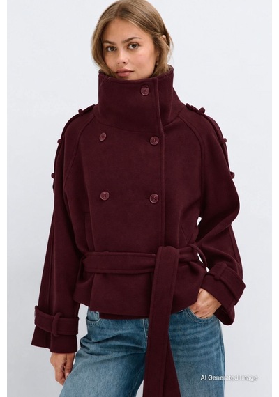 Seeh Kadın Bordo Dik Yaka Kemerli Kısa Kaşe Kaban Sh398 Standart