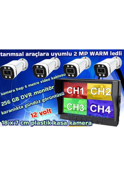 Tarımsal Araçlara 4 Adet Ahd 2 Mp Warm Ledli Kamera 7 İnç Qled Ips 256 Gb Dvr Monitör 12 Volt