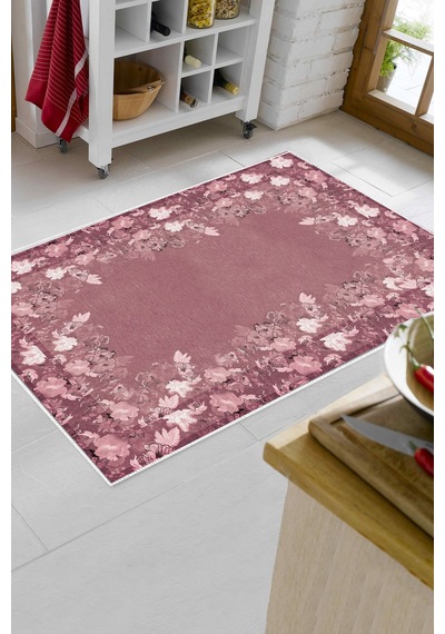 Dijital Baskılı Dikdörtgen Salon Halısı Kaymaz Yıkanabilir Keçe Taban Çiçekli P1388 Bordo
