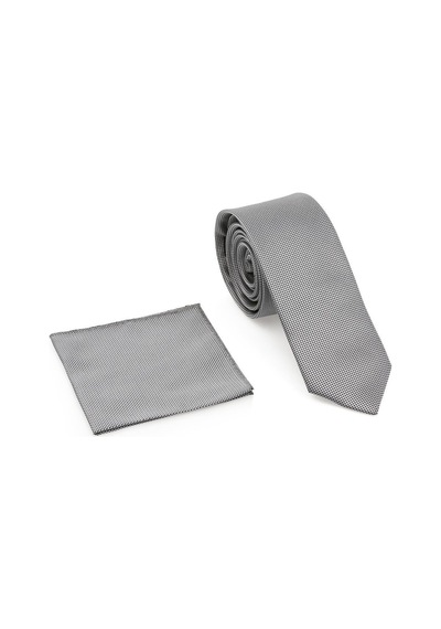 Gri Oxford Model Mendilli Slim Kravat - Brianze Mkas - 9 Gri