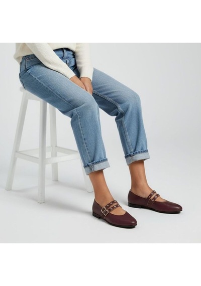 Ne&ve Shoes Bordo Deri Kadın Çift Kapsüllü Babet