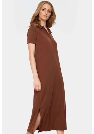 Ersefa Günlük Kullanım İçin Şık Polyester Midi Elbise Polo Yaka Görünüm Kahverengi