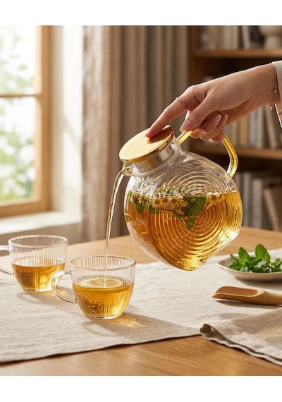Borosilikat Cam Şeffaf Salyangoz Desenli Filtreli Sürahi 2500 Ml Buzdolabı Kapağına Uygun Isıya Dayanıklı Çay & De