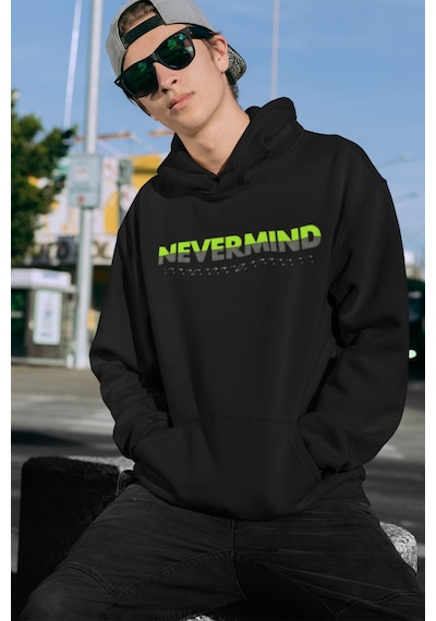 Nevermınd Unisex Yazı Baskılı Oversize Baskılı Kapşonlu Sweatshirt 3 Iplik Siyah Siyah