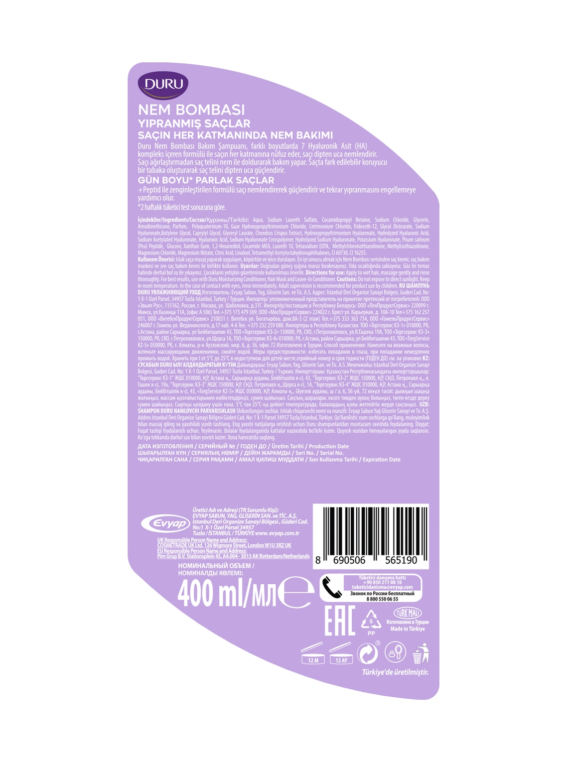 Duru Nem Bombası Yıpranmış Saçlar İçin Yoğun Onarıcı Ve Nemlendirici Şampuan 3x400 Ml Yıpranmış
