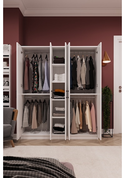 Asra Trend 5 Kapaklı Gardırop G-09 %100 MDF Çift Katlı Askılı Elbise Dolabı Beyaz