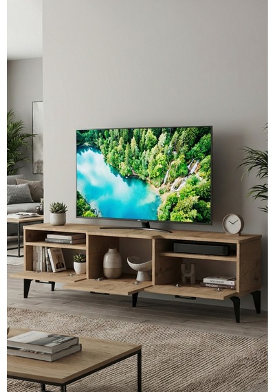 Tv Sehpası 160 Cm Kapaklı Raflı Televizyon Ünitesi Salon Oturma Odası Tv Sehpa Mistral Bej