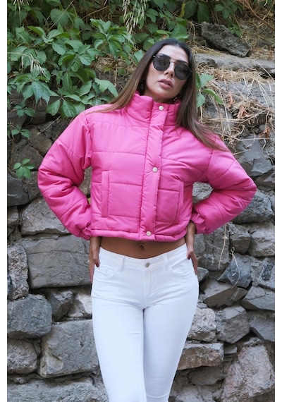 Keyifli Moda Kadın Pembe Dik Yaka Çıtçıtlı Fermuarlı Kısa Şişme Mont - 40 Pembe