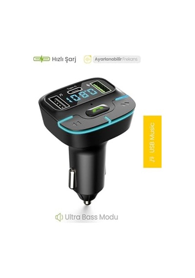 Araç Fm Transmitter 5.3 Bluetooth Araç Kiti Usb Type-c Hızlı Şarj Çıkışlı Çakmaklık Girişli F9 10"