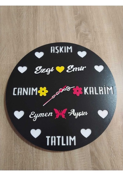 Sevgili-aşk-saadet-mutluluk Kişiye Özel İsim Yazılı Duvar Saati Siyah