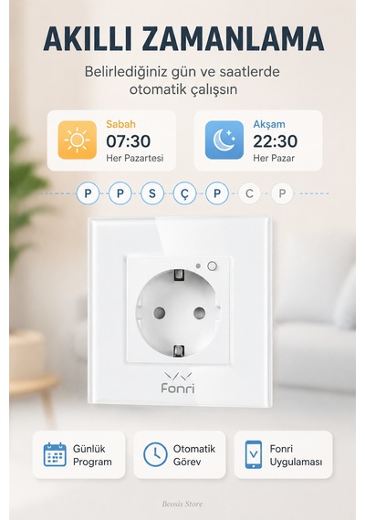 Fonri Wifi Akıllı Duvar Prizi Beyaz Uzaktan Kontrol, Zamanlama, Çocuk Kilidi Tuya Destekli