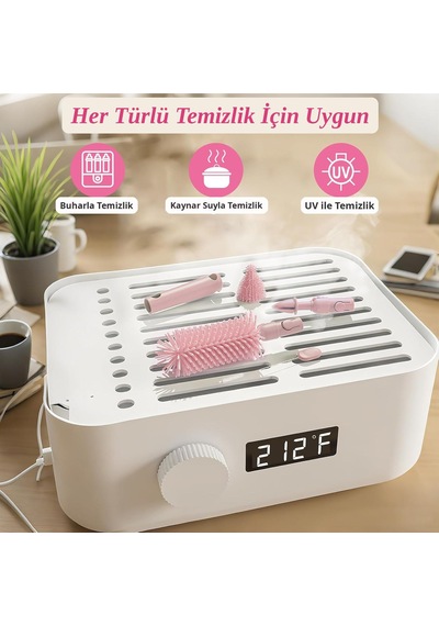 Valkyrie Ayıcık Seyahat Biberon Emzik Pipet Temizleme Seti Silikon Fırça Kurutma Standı Taşıma Kutusu Pembe