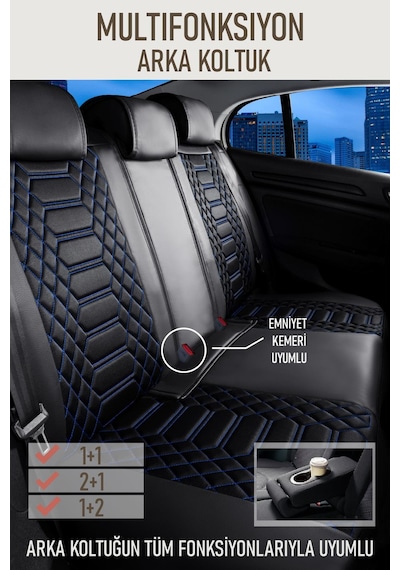 Renault Latitude Uyumlu Lüx Deri Oto Koltuk Kılıfı Ön Arka Takım Crystal Siyah Mavi