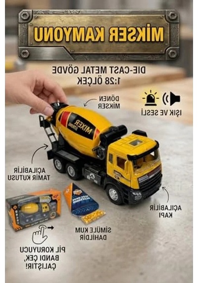 Sesli Ve Işıklı 1:28 Ölçekli Metal Mikser Kamyonu, Simüle Kum Hediyeli