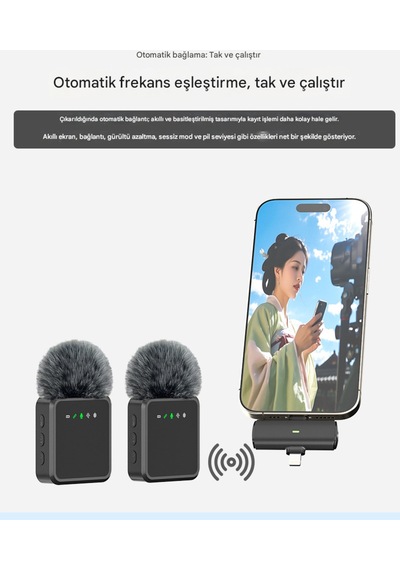 Kablosuz Tüylü Yaka Mikrofonu Apple iPhone Uyumlu  Type-c Pc Tablet Video Kayıt Vlog Lightning Usb-c Çıkış