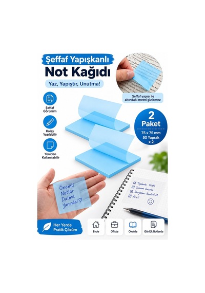 Mavi Yapışkanlı Şeffaf Not Kağıdı 50 Yaprak 2 Paket Kare Transparan Postit 75x75 Mm Yarı Saydam İşaretleyici Aydınger
