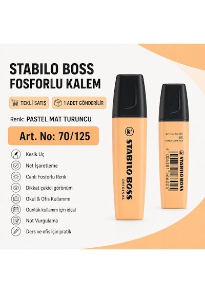Boss Fosforlu Kalem 1 Adet Metin İşaretleme Kalemi Koyu Turuncu
