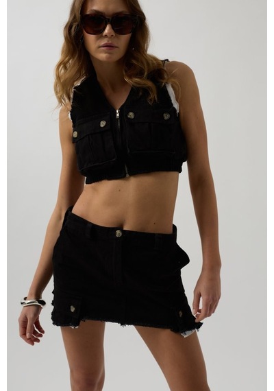 Veraura Lifestyle V Yaka Düğmeli Crop Yelek siyah