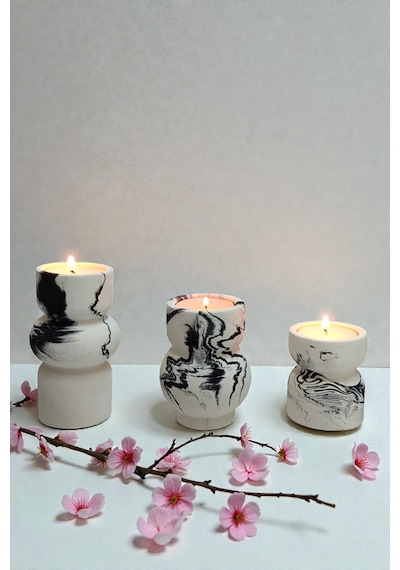 3lü Tealight Mumluk Seti - Dekoratif Beton Mumluk - Mumlar Dahildir Beyaz -  Siyah