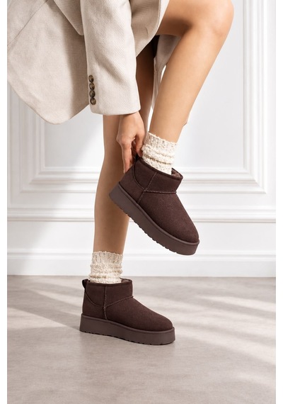 Dabab Shoes Kardelen Kadın Acı Kahve Lüks Süet İçi Kürklü Sıcak Astarlı 5 Cm Kalın Tabanlı Kısa Bot Kar Botu Acı Kahverengi