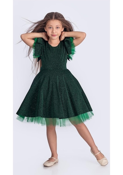 Mnk Baby & Kids Simli Şanzelize Kız Çocuk Abiye Elbise M00669 Yeşil