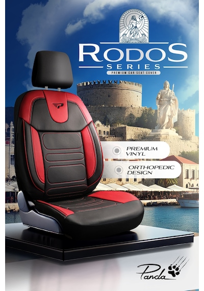Siyah - Kırmızı Garni Panda Rodos Serisi Deri Ortopedik Oto Koltuk Kılıfı - Tam Set