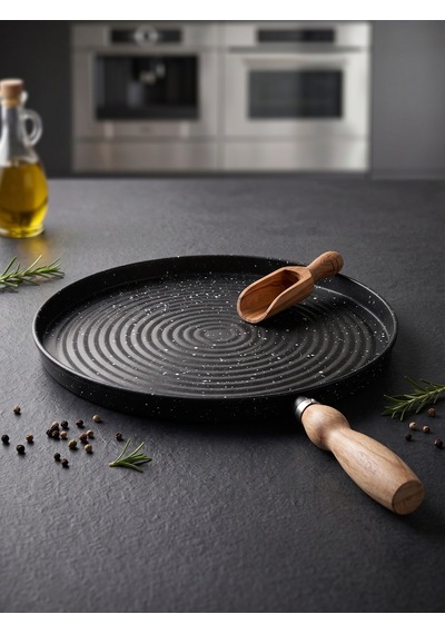 Tektava Granit Kaplama Ahşap Saplı Bazlama&gözleme Tavası 36 Cm Siyah-36 Cm