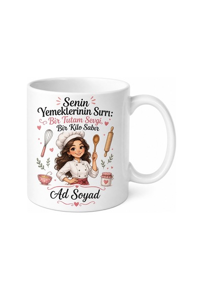 İsme Özel Mutfak Şefi Anne Komik Yazılı Kupa Bardak Hediye Beyaz / Çok Renkli