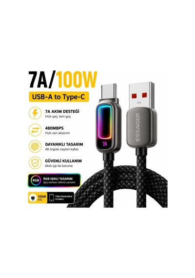1 Metre 100w 7a Usb-a To Type-c Hızlı Şarj Kablosu Rgb Işıklı 480mbps Veri Aktarımlı Örgülü Data Kablosu Siyah