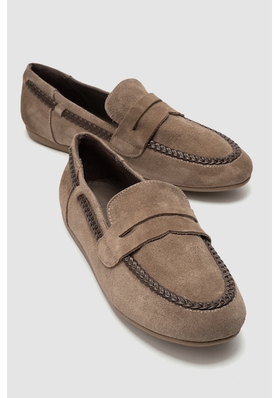 Luvi Shoes Francıs Koyu Bej Süet Hakiki Deri Örgü Detaylı Kadın Loafer Ayakkabı