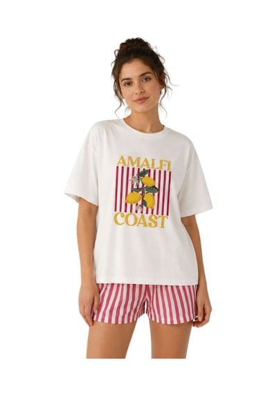 Kadın Limon Baskılı Çizgili Şortlu Pijama Takım Beyaz