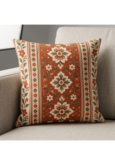 4'lü Kiremit Krem Vintage Çiçek Ve Etnik Desenli Dekoratif Kırlent Kılıfı Seti - Çift Taraflı 43x43 Cm Kiremit Kırmızısı