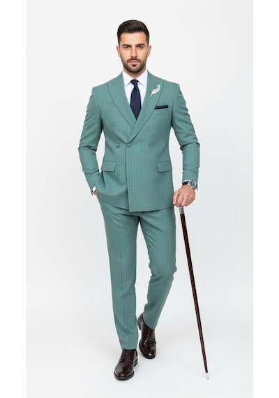 Erkek Slim Fit Çizgili Takım Elbise 2 Top Düğmeli, Çift Yırtmaçlı Modern Kesim Yeşil