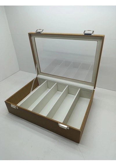 Cam Kapaklı Deri Kumaş Kahve-beyaz Renk 34 Cm / 24 Cm 5 Bölmeli Gözlük Sergileme Standı
