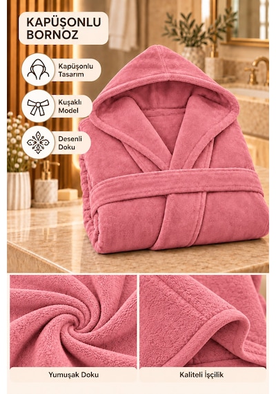 Kapüşonlu Unisex Rashell Bornoz Cepli Yumuşak Dokulu Pembe