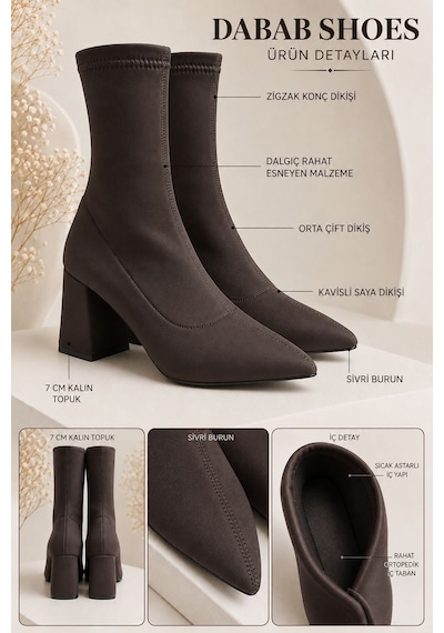 Dabab Shoes Rachel Kadın Acı Kahve Sivri Burun Dalgıç Streç 7 Cm Kalın Topuklu Çorap Bot Bootie Kahverengi