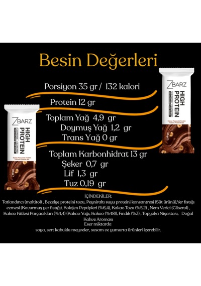 Zbarz Kakaolu Parçacıklı Fındıklı Yüksek Proteinli Bar 35 Gr 12 Li