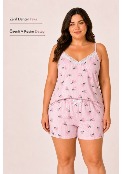 Bravie Kadın Büyük Beden İp Askılı Yakası Dantelli Pembe Kiraz Desenli Yazlık Pijama Takımı